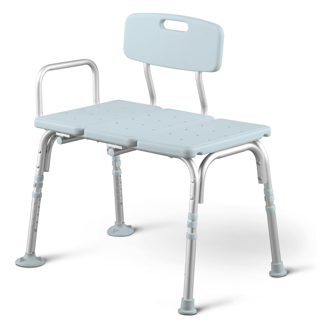 The Medline Bath Transfer Bench with Microban is a light blue, durable chair featuring a supportive backrest and one armrest. Its adjustable aluminum frame, suction-cup feet, antimicrobial protection, and drainage holes ensure stability, practicality, and safety.